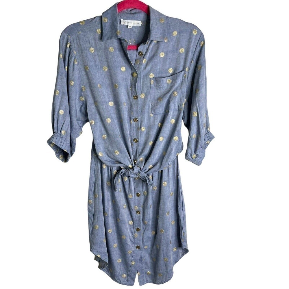 Corey Lynn Calter Size XS Kaitlyn Dress 4-way Chambray Metallic Dots Tie Waist
